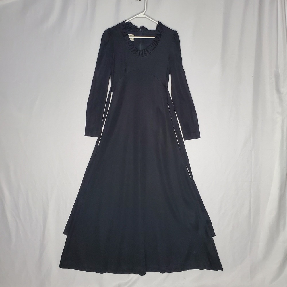 Vintage Young Innocent by Arpeja Black Ruffle Maxi Dress Empire Waist 70s Goth 7